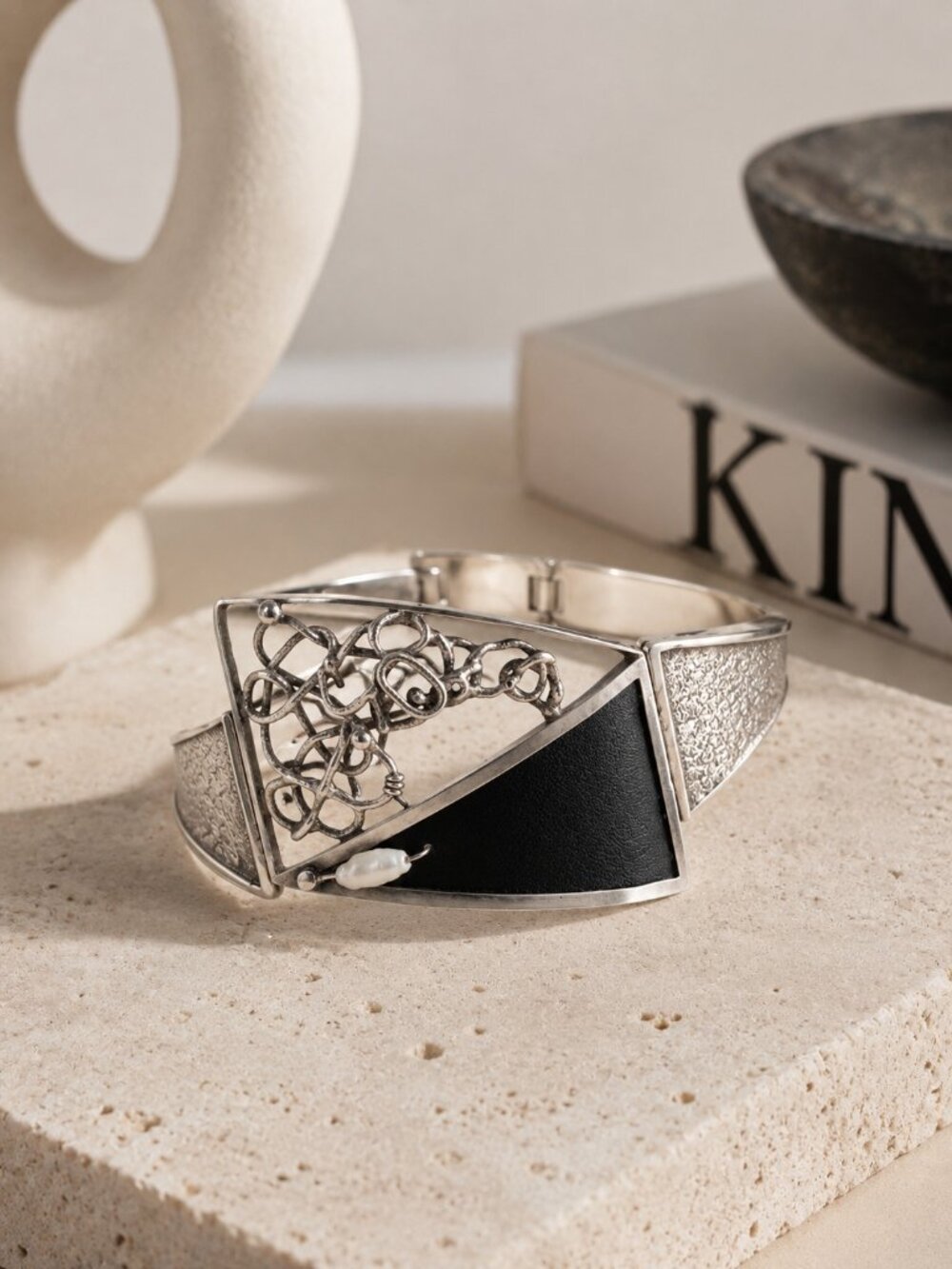 Vintage Sterling Silver Modernist Bracelet Black Leather Pearl Poland 925